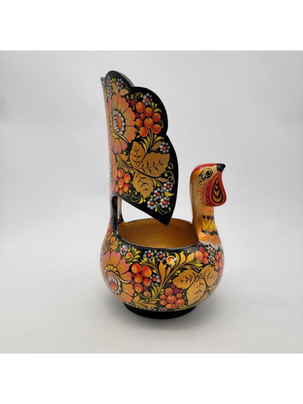 Vintage Khokhloma Folk Art Grouse Bowl Lacquerware W/ Floral Motif - Picture 4 of 8